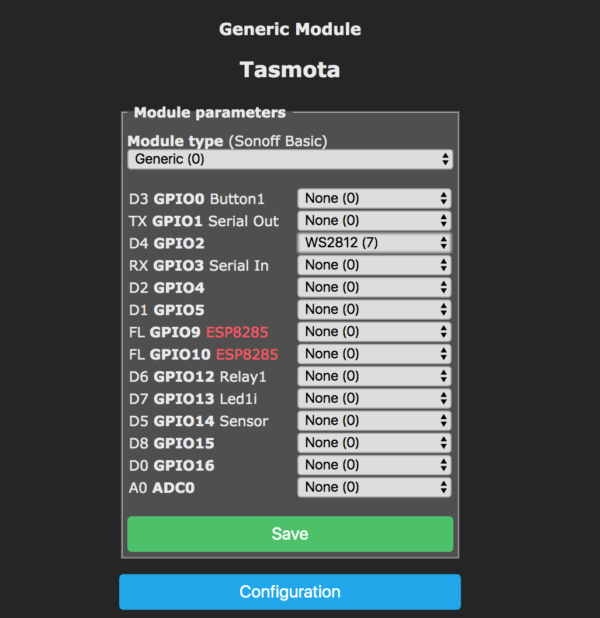 Tasmota ESP8266 Firmware WS2812 Configuration